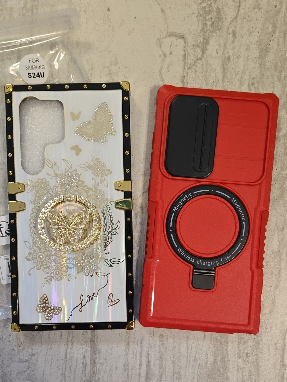 Samsung Galaxy S24 Ultra Case Bundle – Glam Butterfly & Red Rugged Cases